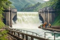 hydro waterfall workers work process Royalty Free Stock Photo