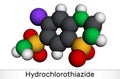 Hydrochlorothiazide, HCTZ, HCT molecule. It is thiazide diuretic, used to treat edema and hypertension. Molecular model. 3D Royalty Free Stock Photo