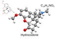 Chemical formula, structural formula and 3D ball-and-stick model of opioid hydrocodone, white background