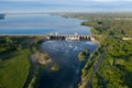 Hydroelectric dam or hydro power plant on river, aerial panoramic view