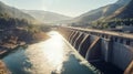 Hydroelectric dam on the river. Water rushing out of opened gates of a hydro electric power dam. generative ai Royalty Free Stock Photo