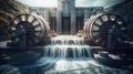 A hydroelectric dam with rushing water turning turbines, showcasing the utilization of water\'s kinetic energy for power