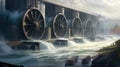 A hydroelectric dam with rushing water turning turbines, showcasing the utilization of water\'s kinetic energy for power