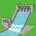 A hydroelectric dam structure is illustrated with water cascading down from multiple Royalty Free Stock Photo