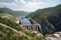 hydroelectric power plant with a barrage, or dam, and view of the valley below Royalty Free Stock Photo