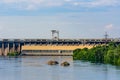 Hydroelectric power plant on the Dnieper river in Zaporozhye Dneproges, Ukraine. View from island Khortytsya Royalty Free Stock Photo