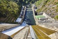 Hydroelectric power station and dam viewed from above. Sil river