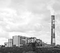 Hydroelectric power station in Kemerovo city. Siberia, Russia. Smoke from chimney on the sky obscured.