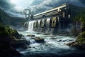 Hydroelectric power station in the mountains. 3D rendering, hydroelectric plant with strong waterfalls falling down, AI Generated