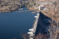 Hydroelectric power station on the Yenisei River in Siberia near Krasnoyarsk. Krasnoyarsk reservoir. Industrial Royalty Free Stock Photo