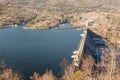 Hydroelectric power station on the Yenisei River in Siberia near Krasnoyarsk. Krasnoyarsk reservoir. Industrial Royalty Free Stock Photo