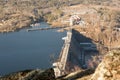 Hydroelectric power station on the Yenisei River in Siberia near Krasnoyarsk. Krasnoyarsk reservoir. Industrial Royalty Free Stock Photo