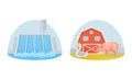 Hydroelectricity power station. Farm animals and red barn vector illustration