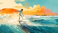 Hydrofoil surfer at sunset, vibrant colors, dynamic motion