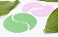 Hydrogel anti-aging patches, green and pink mask to moisturize the skin and smooth out wrinkles around the eyes. The concept of