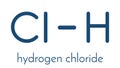 Hydrogen chloride HCl molecule, chemical structure. Highly corrosive mineral acid; Acid component of gastric juice stomach acid