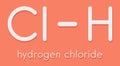 Hydrogen chloride HCl molecule, chemical structure. Highly corrosive mineral acid; Acid component of gastric juice stomach acid