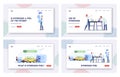 Hydrogen Fuel Landing Page Template Set. Characters Refueling Car on Station. Man Pump Petrol for Charging Auto