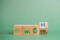 Hydrogen fuel is used to replace carbon dioxide, helping to reduce global warming. wood cube icon H2 hydrogen