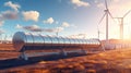 Hydrogen Gas tank renewable energy production - hydrogen gas pipeline for clean electricity windturbine facility. Created with Royalty Free Stock Photo