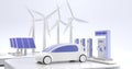 Hydrogen H2 and electric charger station with future car. Concept of green energy, eco technologies with renewable Royalty Free Stock Photo