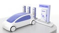 Hydrogen H2 and electric charger station with future car. Refueling service for hybrid vehicle with battery bank on fuel