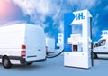 Hydrogen logo on gas station. h2 combustion engine for emission free ecofriendly transport