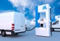 Hydrogen logo on gas station. h2 combustion engine for emission free ecofriendly transport