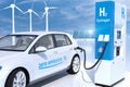 Hydrogen logo on gas station. h2 combustion engine for emission free ecofriendly transport