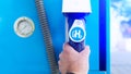 Hydrogen logo on gas stations fuel dispenser. h2 combustion engine for emission free eco friendly transport Royalty Free Stock Photo