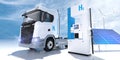 Hydrogen logo on gas stations fuel dispenser. h2 combustion Truck engine for emission free ecofriendly transport