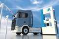 Hydrogen logo on gas stations fuel dispenser. h2 combustion Truck engine for emission free ecofriendly transport