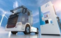 Hydrogen logo on gas stations fuel dispenser. h2 combustion Truck engine for emission free ecofriendly transport