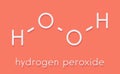 Hydrogen peroxide molecule. Reactive oxygen species (ROS). Used as bleaching agent, disinfectant, chemical reagent, etc. Skeletal