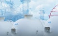 Hydrogen power plant. H2 fuel storage tank with power plant background. Sustainable energy. Net zero emissions by 2050. Clean Royalty Free Stock Photo