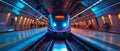 Hydrogen Powered Subway Train: Sleek Underground Station, Neon Blue Royalty Free Stock Photo