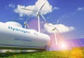 Hydrogen renewable energy production - hydrogen gas for clean electricity solar and windturbine facility. 3d rendering Royalty Free Stock Photo