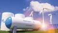 Hydrogen renewable energy production - hydrogen gas for clean electricity solar and windturbine facility. 3d rendering