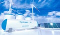 Hydrogen renewable energy production - hydrogen gas for clean electricity solar and windturbine facility. 3d rendering