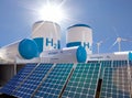 Hydrogen renewable energy production - hydrogen gas for clean electricity solar and windturbine facility. 3d rendering Royalty Free Stock Photo