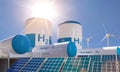 Hydrogen renewable energy production - hydrogen gas for clean electricity solar and windturbine facility. 3d rendering Royalty Free Stock Photo