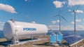 Hydrogen storage tank with wind turbines and solar panels in renewable energy setup