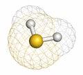 Hydrogen sulfide (H2S) molecule. Toxic gas with characteristic odor of rotten eggs. Atoms are represented as spheres with