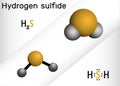 Hydrogen sulfide, hydrosulfuric acid, H2S molecule. It is highly toxic and flammable gas with foul odor of rotten eggs.