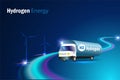 Hydrogen truck on futuristic road transport H2 Hydrogen fuel to gas stations. Clean hydrogen energy for renewable fuel,