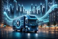 Hydrogen truck on the road with glowing lights and cityscape in the background, generative ai