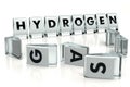 HYDROGEN word written on glossy blocks and fallen over blurry blocks in the foreground with GAS letters. Hydrogen technology