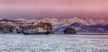 Hydrological vessel off the coast of the Kamchatka peninsula in Avacha Bay at sunset