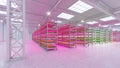 Hydroponic indoor vegetable plant factory in exhibition space warehouse. Interior of the farm hydroponics. Green salad farm.