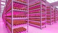 Hydroponic indoor vegetable plant factory in exhibition space warehouse. Interior of the farm hydroponics. Green salad farm.